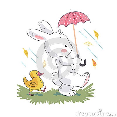 Vector flat illustration of cute white baby bunny character and little duck walking under umbrella. Hand drawn style. Vector Illustration